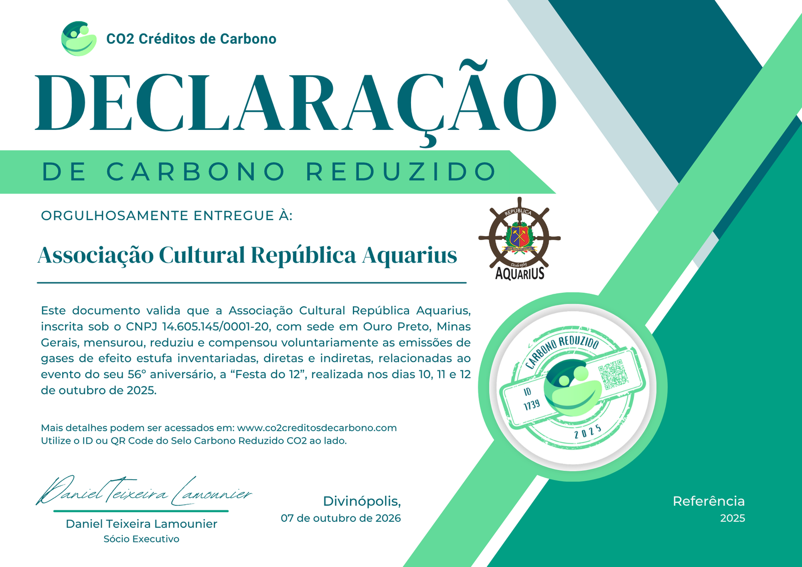 Certificado do Selo Carbono Reduzido CO2 da República Aquarius (2025)