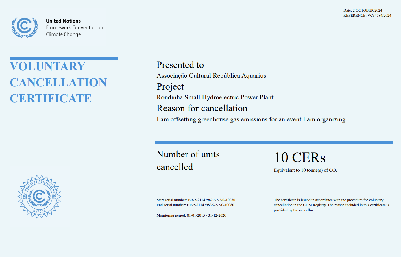 Certificado de compensação de carbono da República Aquarius (2023)