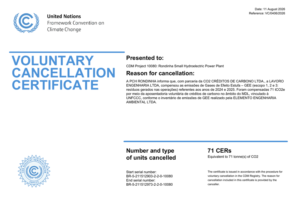 Certificado de compensação de carbono da Lavoro Engenharia (2025)