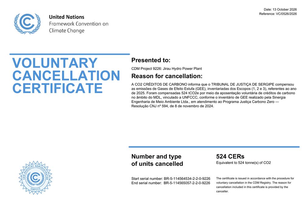 Certificado de compensação de carbono da TJSE (2025)
