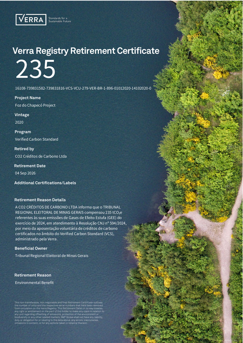 Certificado de compensação de carbono da TRE-MG (2024)