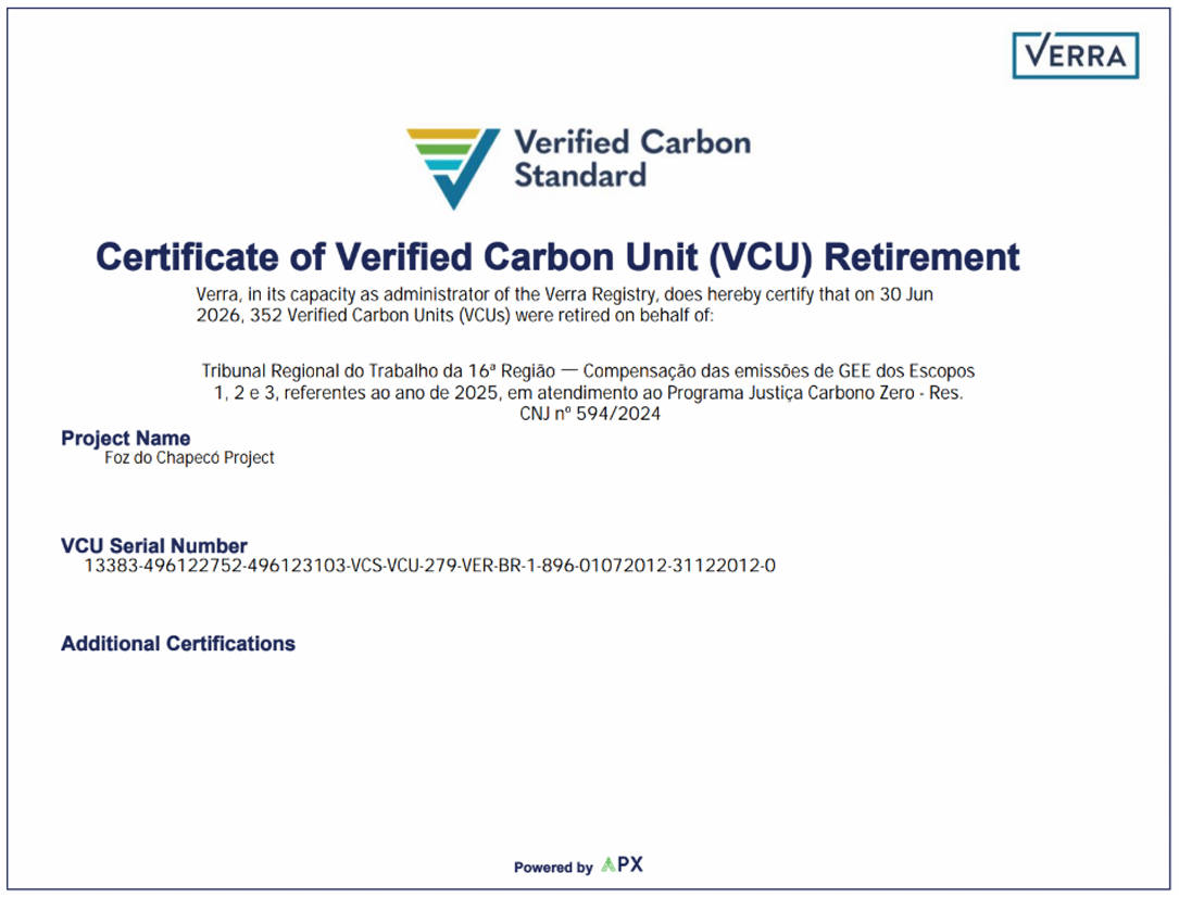 Certificado de compensação de carbono da TRT16 (2025)